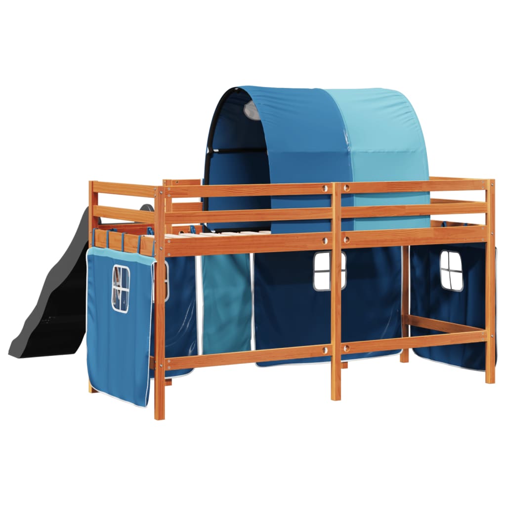 Letto a Soppalco con Tunnel Bambini Blu 80x200cm Massello Pino