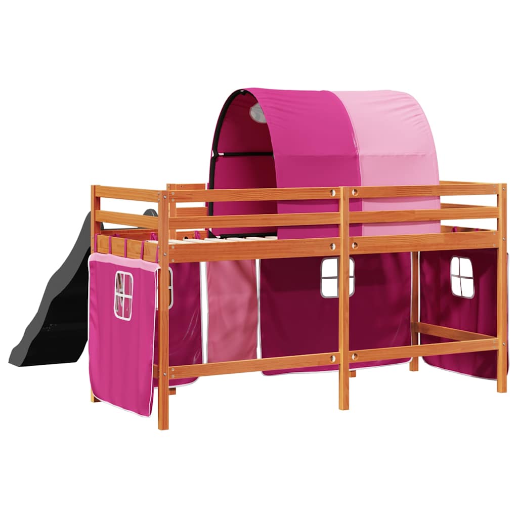 Letto a Soppalco con Tunnel Bambini Rosa 80x200cm Massello Pino