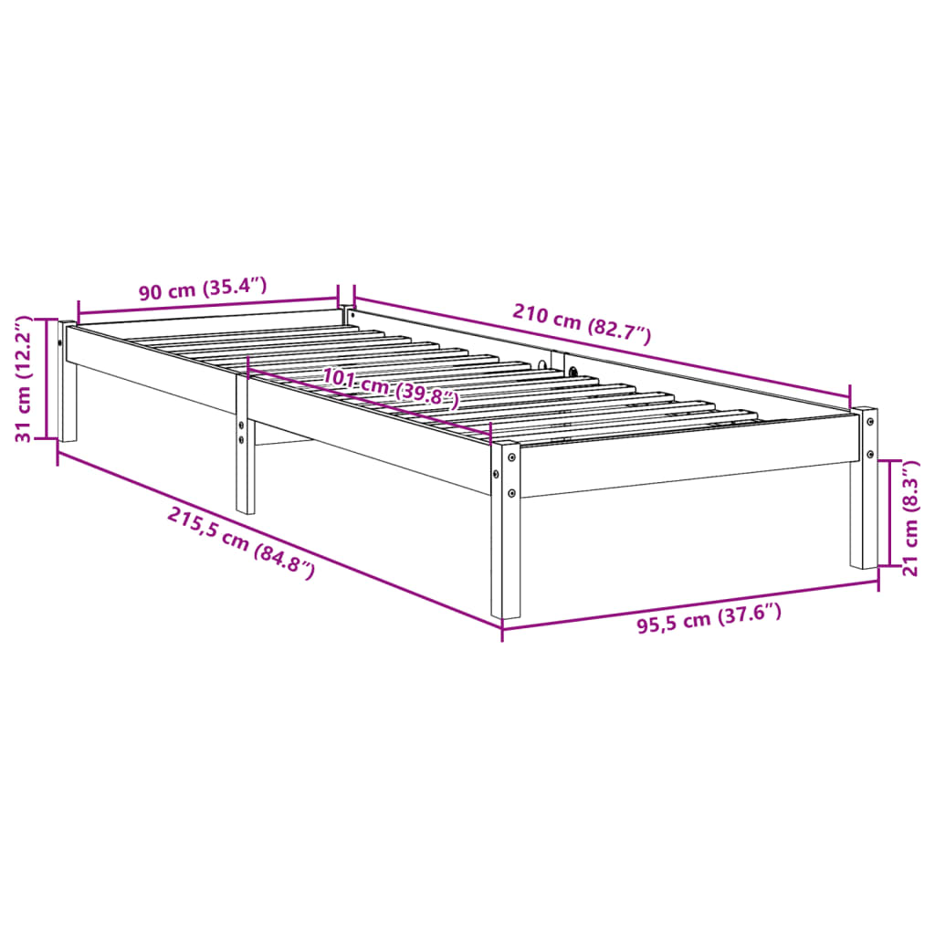 Letto Extra Lungo senza Materasso 90x210 cm in Legno di Pino | homemem39
