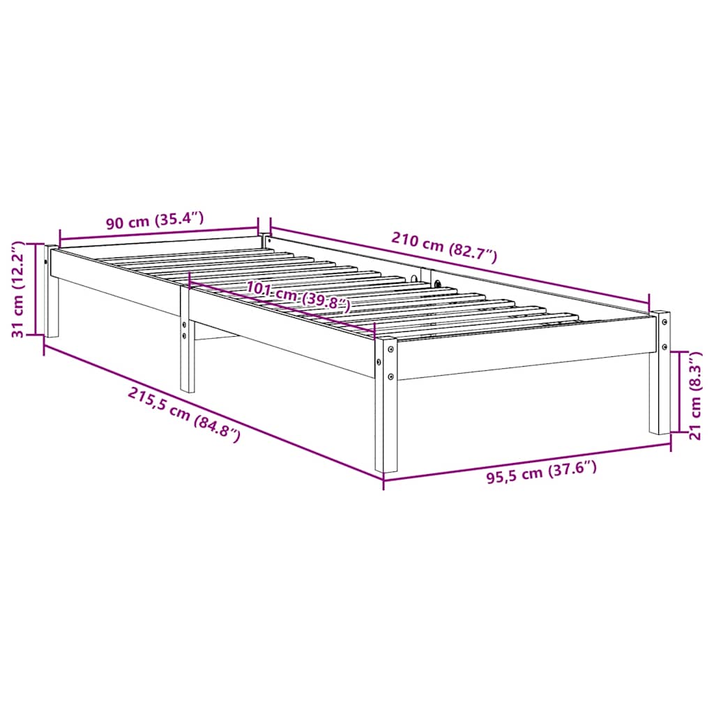 Letto Extra Lungo senza Materasso Bianco 90x210 cm in Pino | homemem39