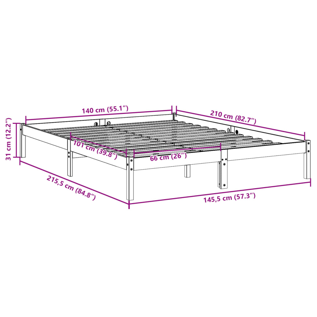 Letto Extra Lungo senza Materasso 140x210 cm in Legno di Pino | homemem39