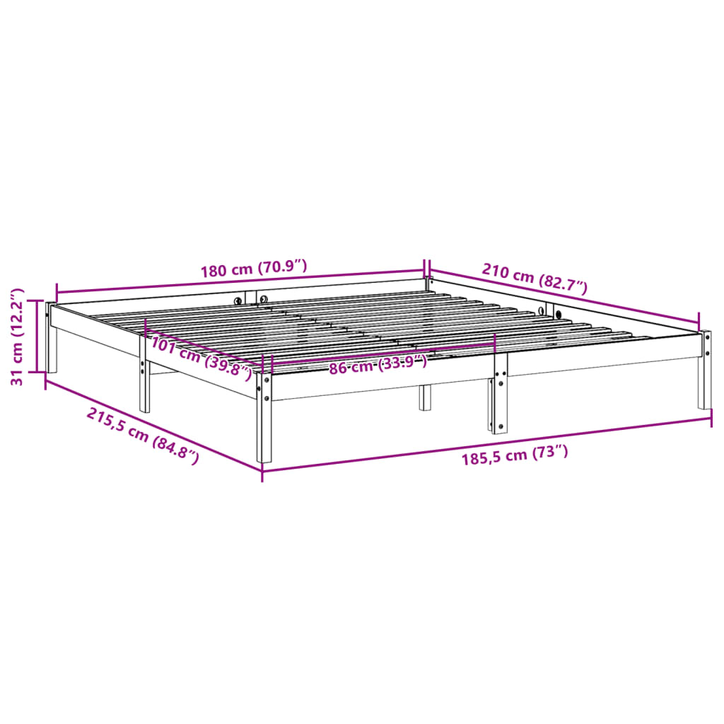 Letto Extra Lungo senza Materasso 180x210 cm in Legno di Pino | homemem39