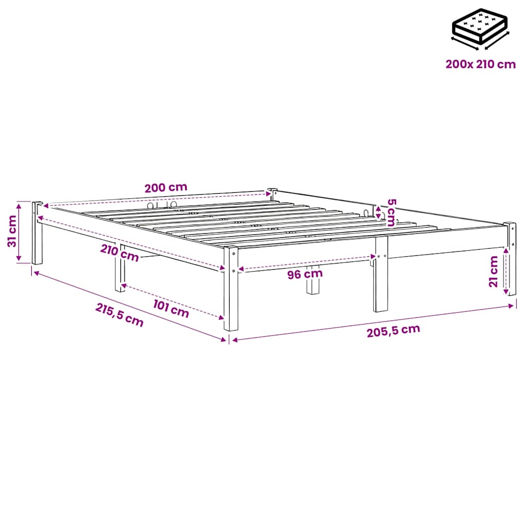 Letto Extra Lungo senza Materasso 200x210 cm in Legno di Pino