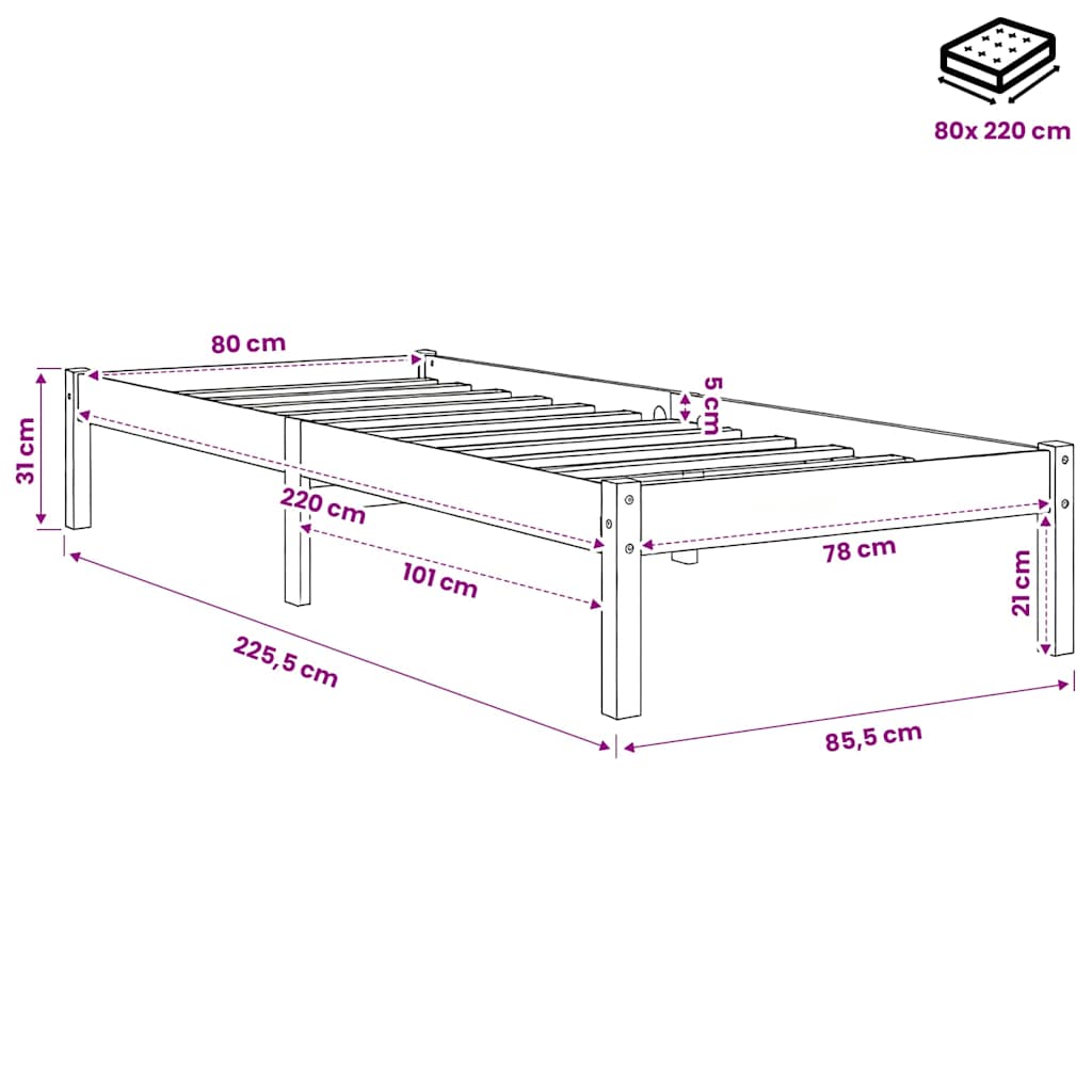 Letto Extra Lungo senza Materasso Bianco 80x220 cm in Pino