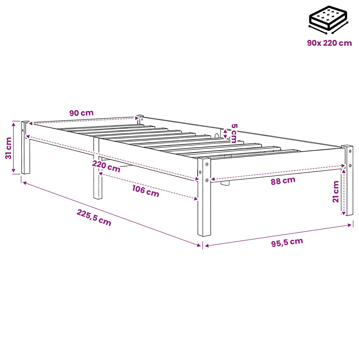 Letto Extra Lungo senza Materasso 90x220 cm in Legno di Pino