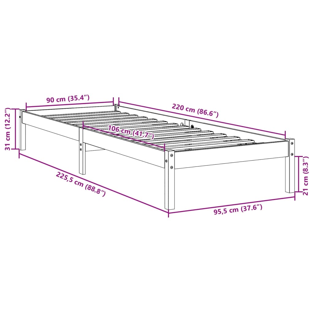 Letto Extra Lungo senza Materasso Bianco 90x220 cm in Pino | homemem39