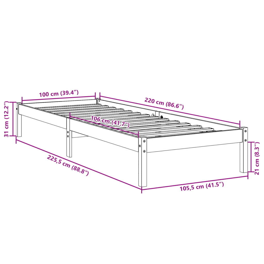 Letto Extra Lungo senza Materasso Bianco 100x220 cm in Pino | homemem39