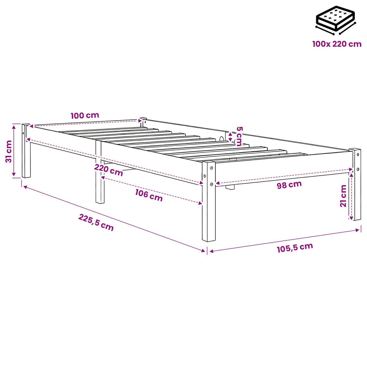 Letto Extra Lungo senza Materasso Bianco 100x220 cm in Pino