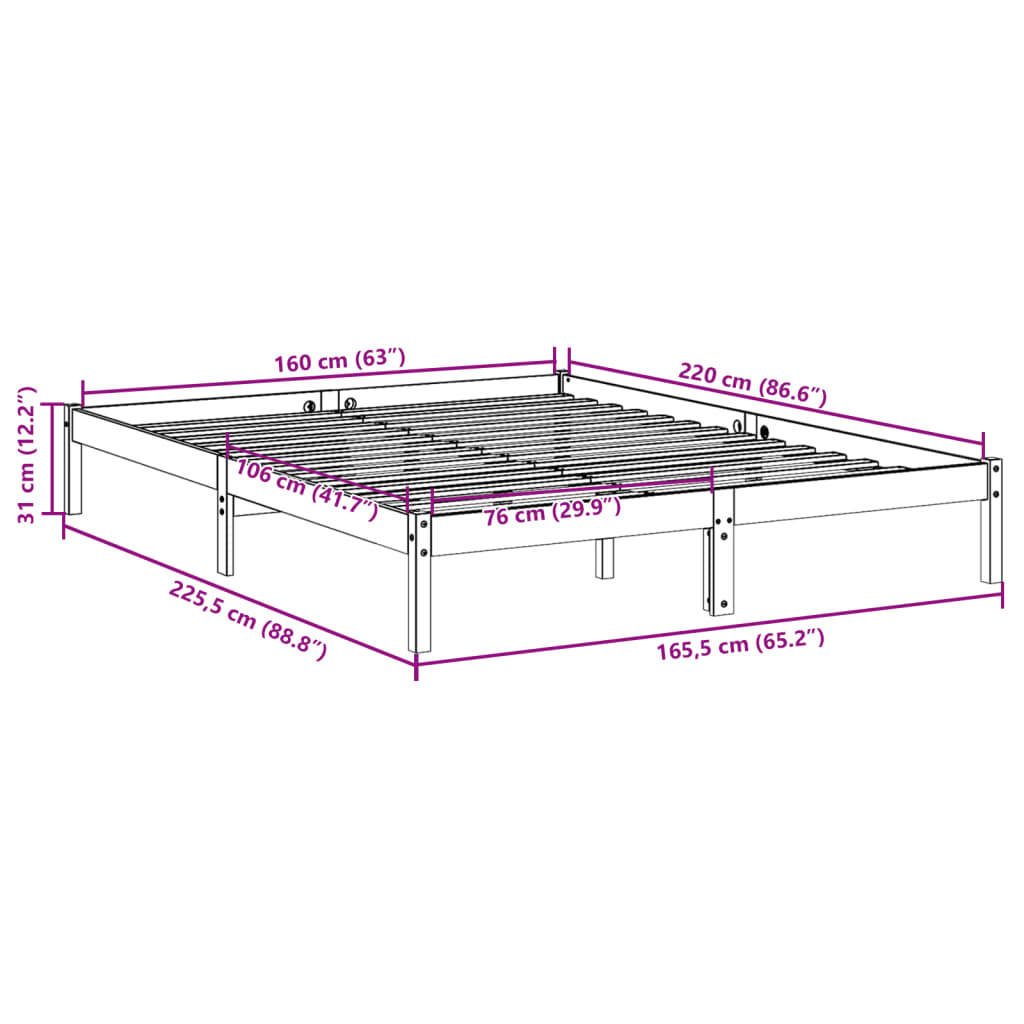 Letto Extra Lungo senza Materasso 160x220 cm in Legno di Pino | homemem39