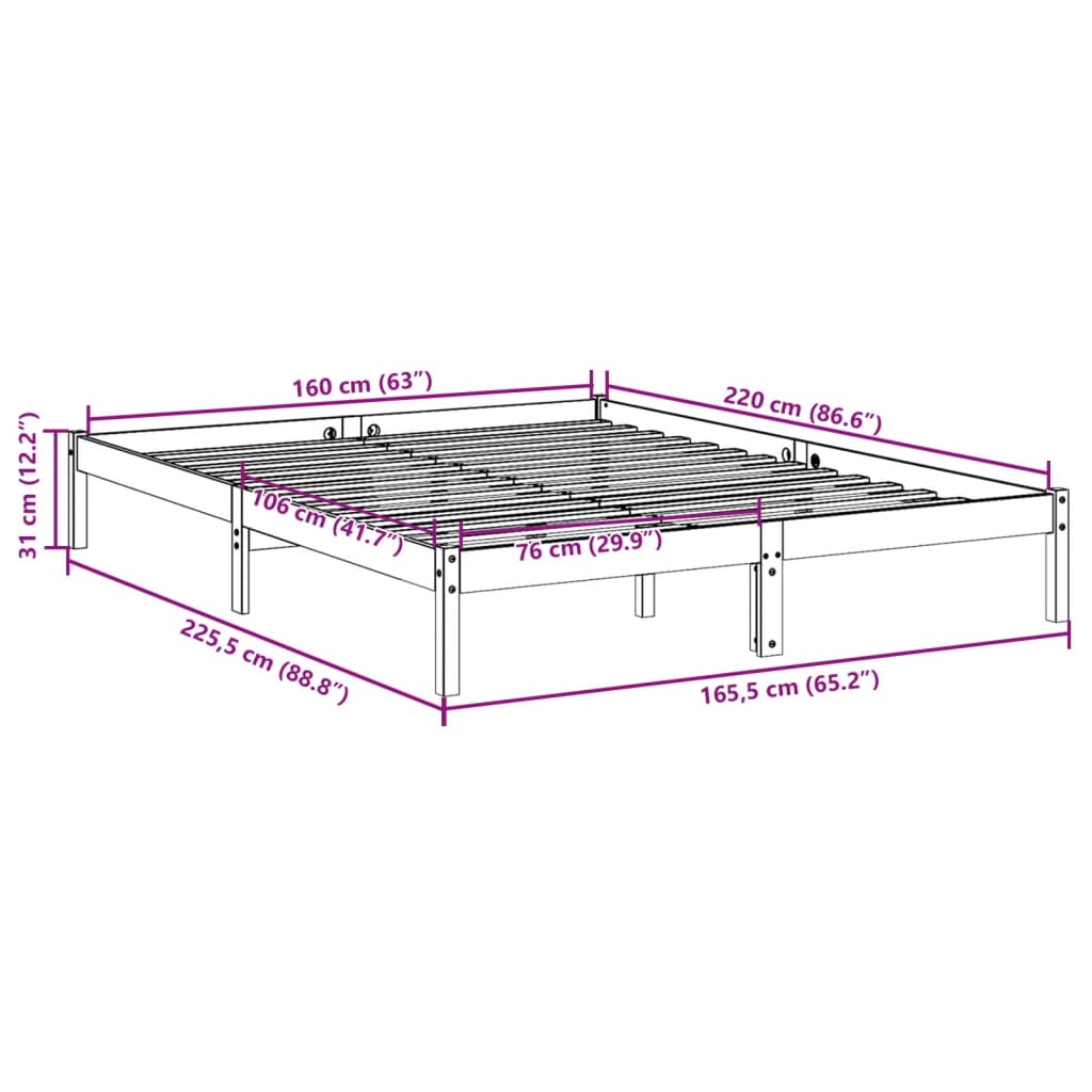 Letto Extra Lungo senza Materasso 160x220 cm in Legno di Pino | homemem39