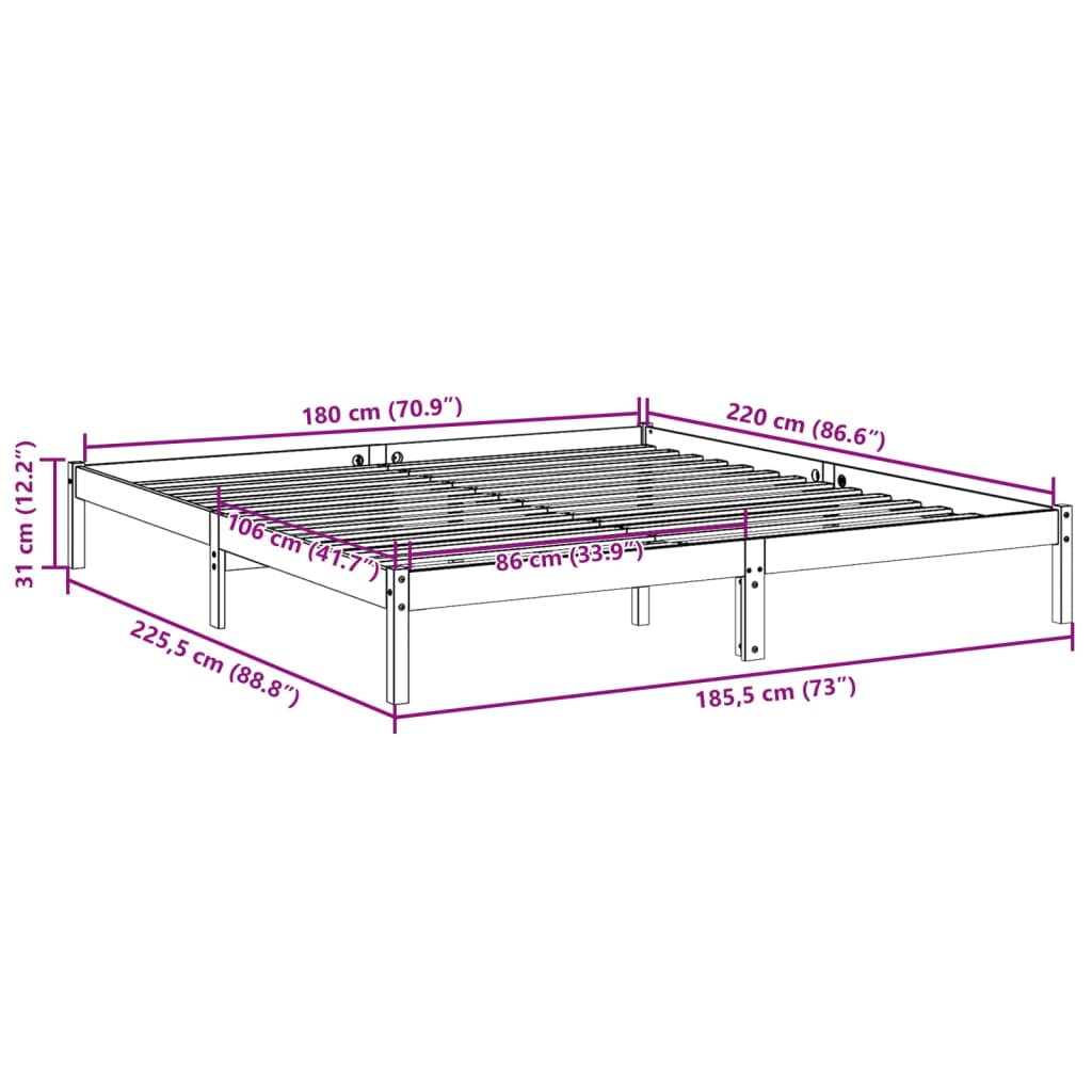 Letto Extra Lungo senza Materasso 180x220 cm in Legno di Pino | homemem39
