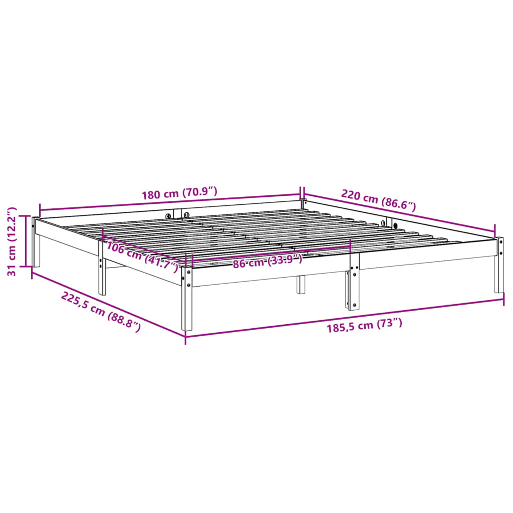 Letto Extra Lungo senza Materasso Bianco 180x220 cm in Pino | homemem39