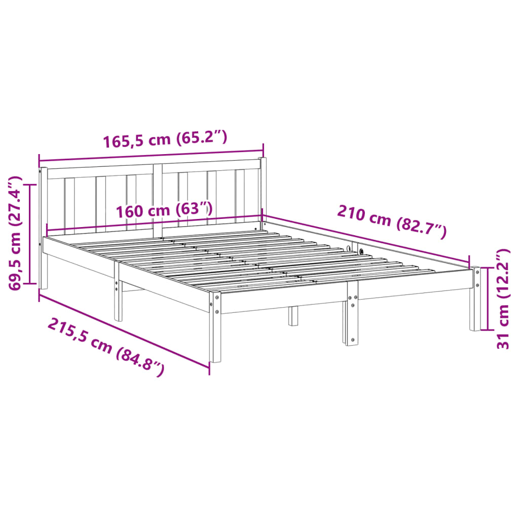 Letto Extra Lungo senza Materasso 160x210 cm in Legno di Pino | homemem39