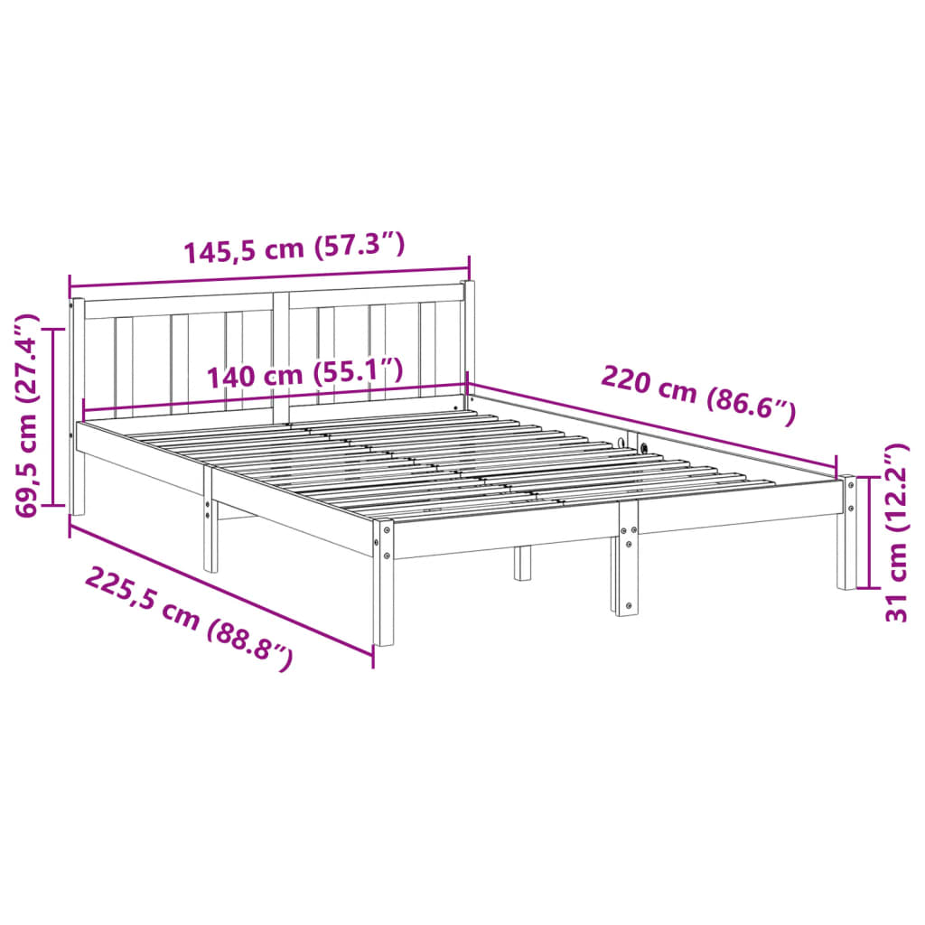Letto Extra Lungo senza Materasso Bianco 140x220 cm in Pino - homemem39
