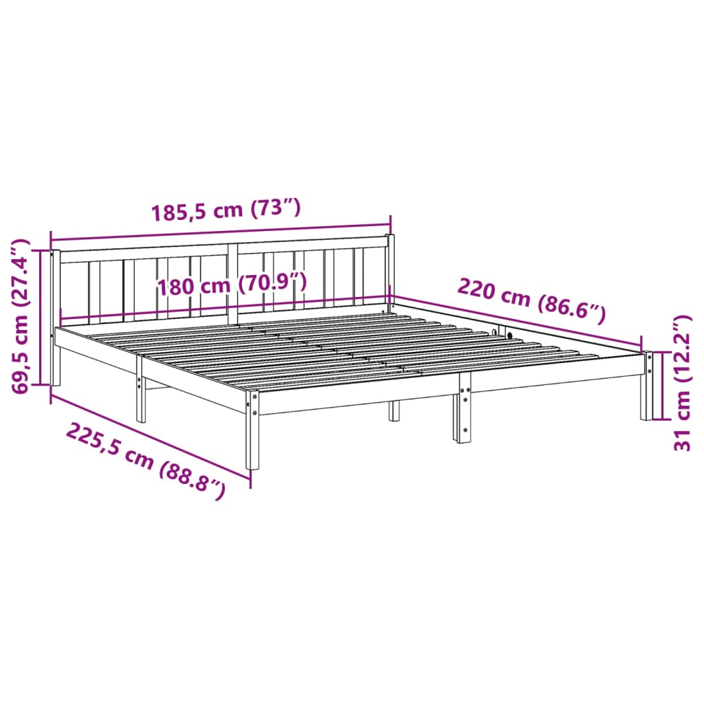 Letto Extra Lungo senza Materasso Bianco 180x220 cm in Pino