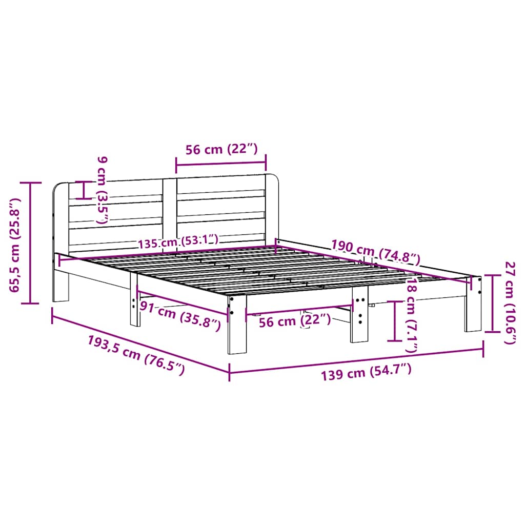Letto senza Materasso Bianco 135x190 cm Legno Massello di Pino | homemem39