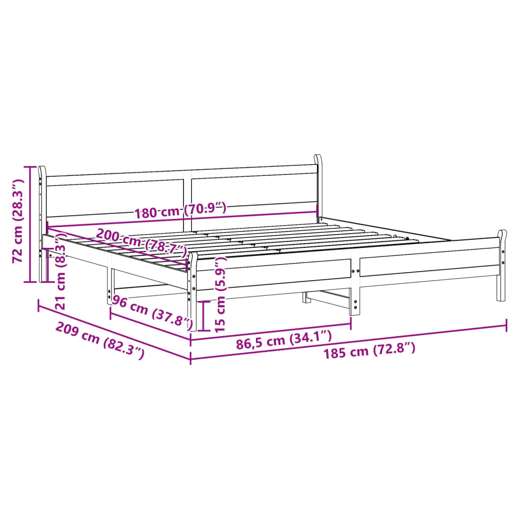 Letto senza Materasso 180x200 cm in Legno Massello di Pino | homemem39