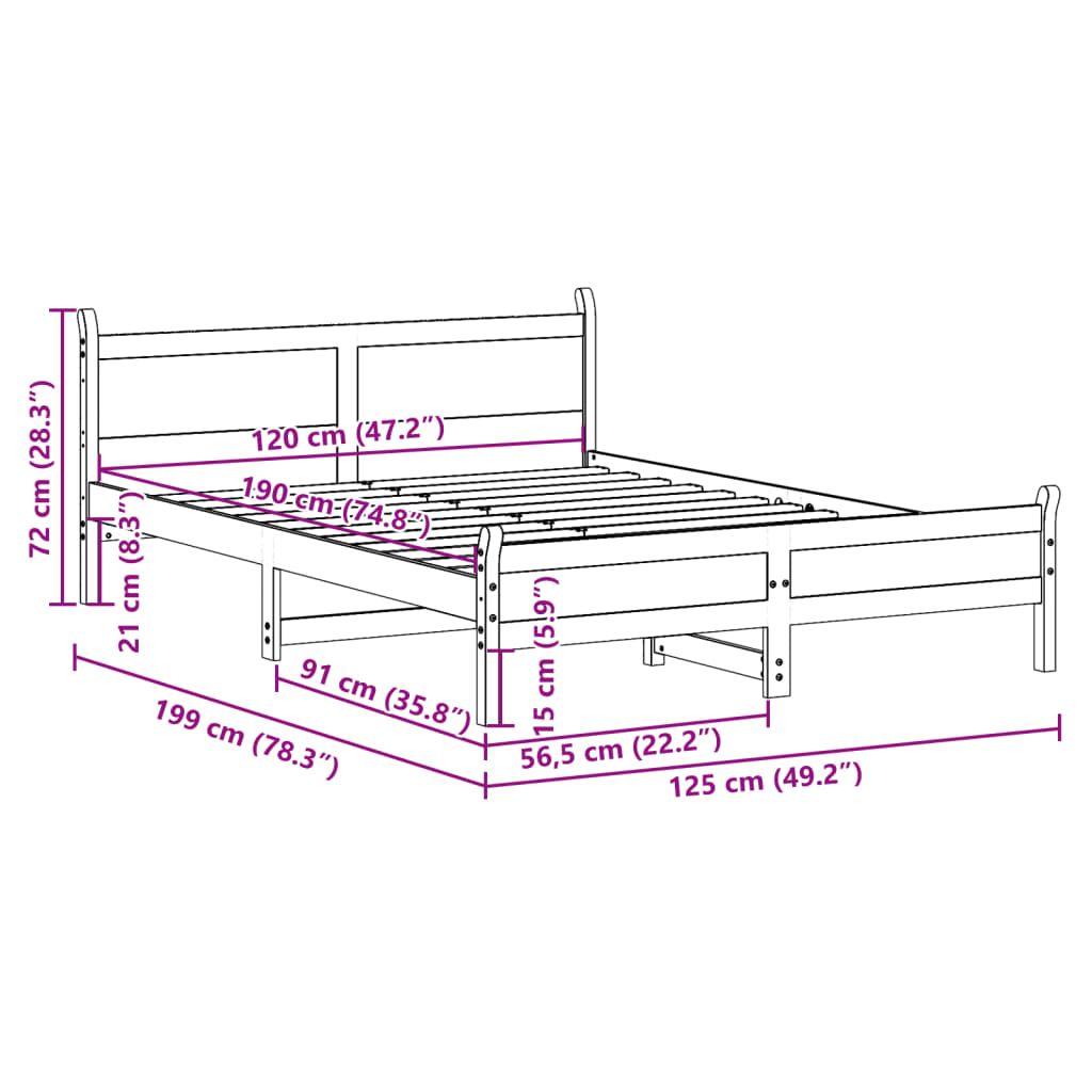 Letto senza Materasso 120x190 cm in Legno Massello di Pino | homemem39