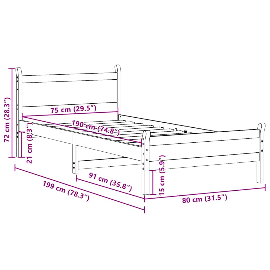 Letto senza Materasso Marrone Cera 75x190 cm in Legno di Pino | homemem39