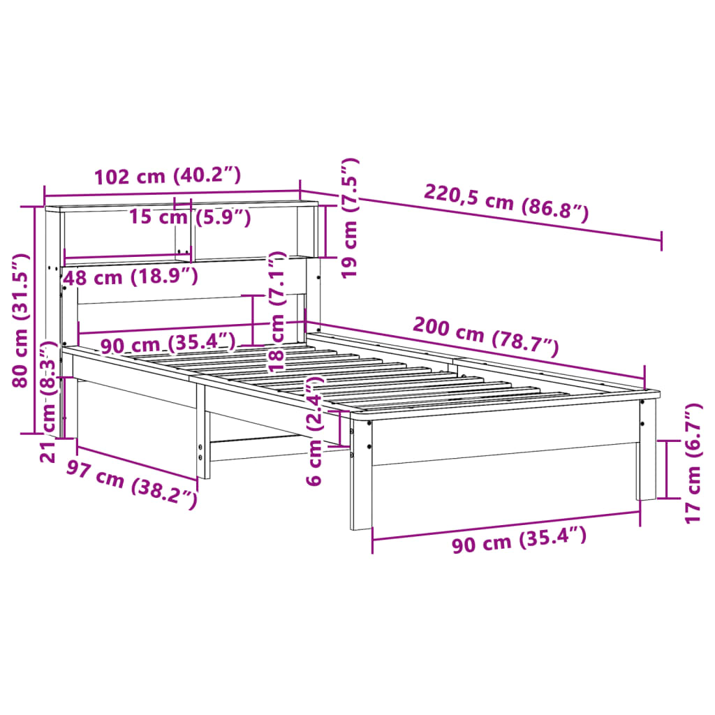 Letto Libreria senza Materasso 90x200 cm Legno Massello Pino | homemem39