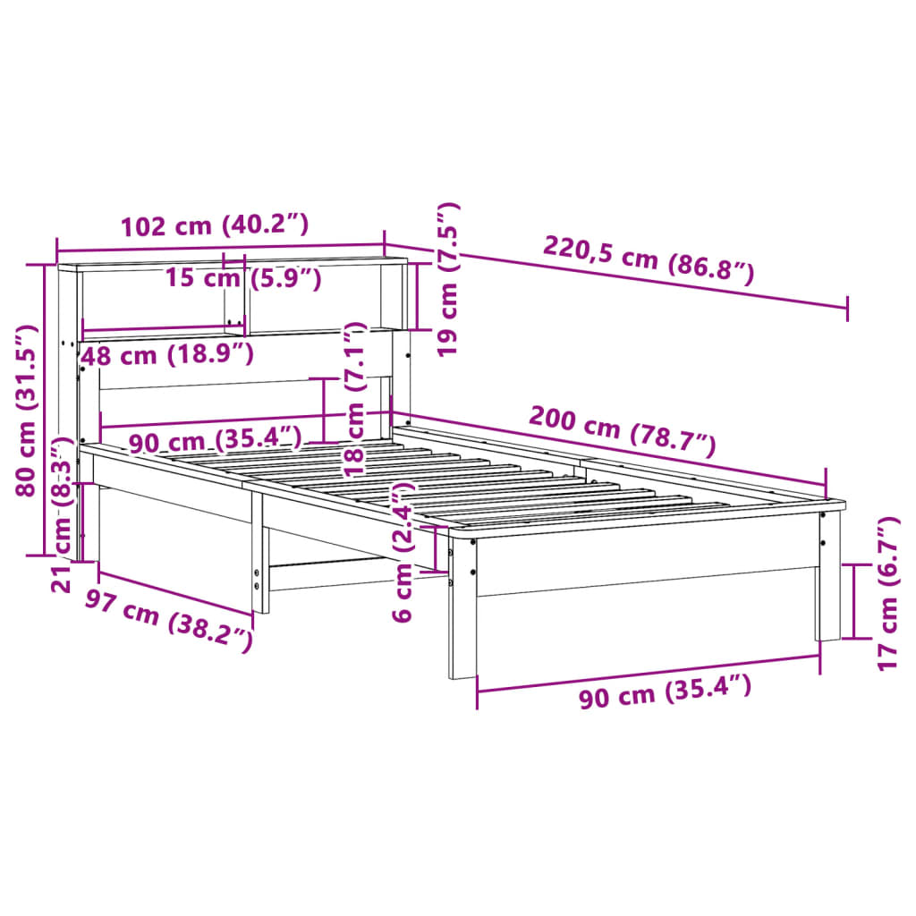 Letto Libreria senza Materasso Marrone Cera 90x200 cm in Pino | homemem39