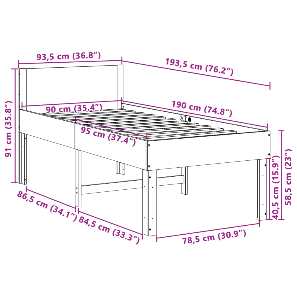 Letto senza Materasso 90x190 cm in Legno Massello di Pino | homemem39