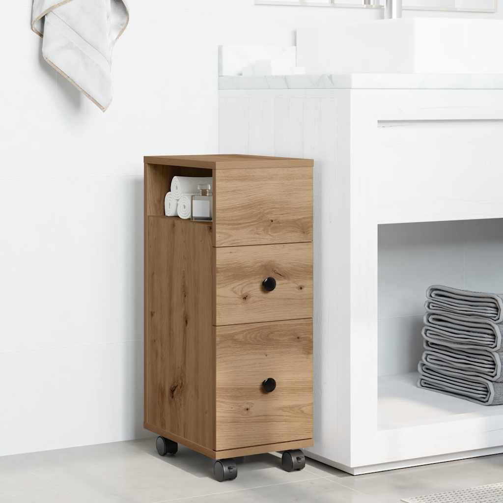 Mobile da Bagno Stretto con Ruote Rovere Artigianale Truciolato