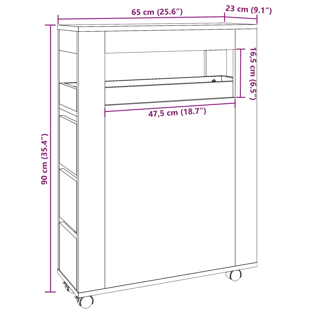 Mobile da Bagno Stretto con Ruote Rovere Fumo in Truciolato | homemem39
