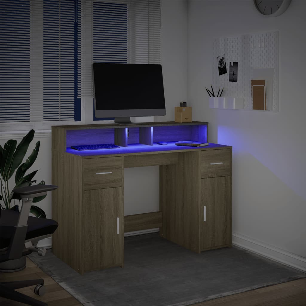 Scrivania con Luci LED Rovere Sonoma 120x55x91cm in Multistrato | homemem39