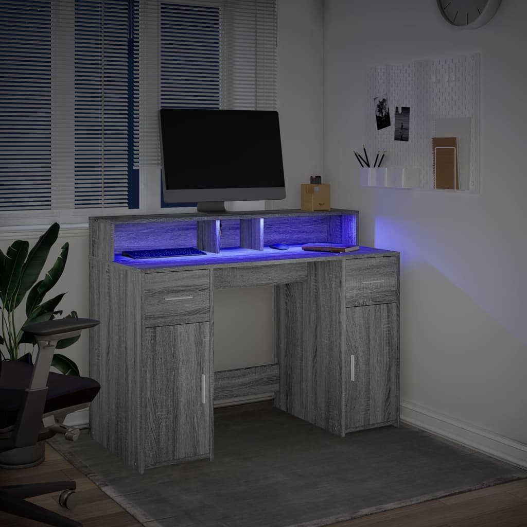 Scrivania con Luci LED Grigio Sonoma 120x55x91cm in Multistrato - homemem39