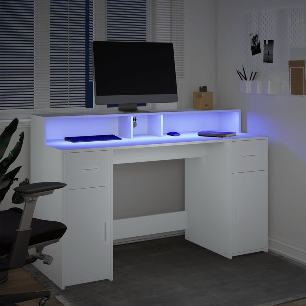 Scrivania con Luci LED Bianca 140x55x91 cm in Legno Multistrato | homemem39