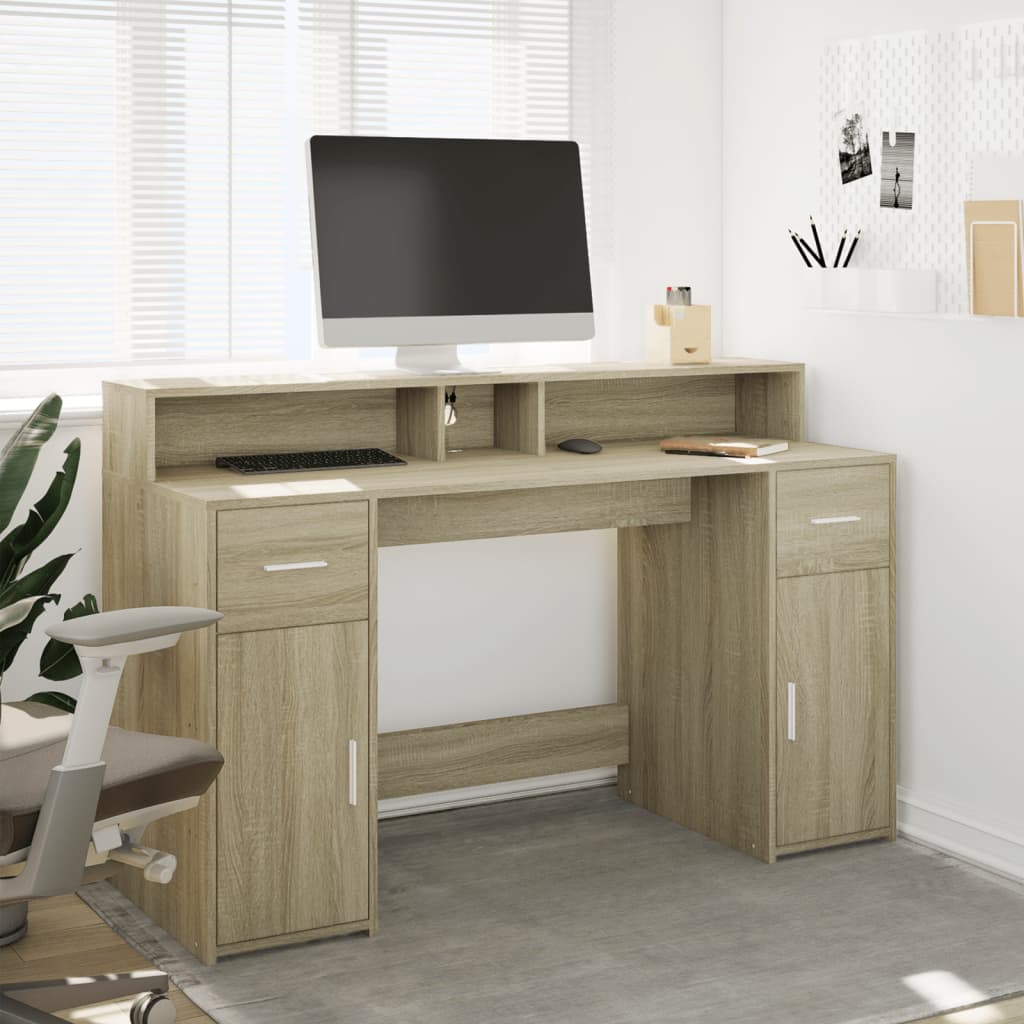 Scrivania con Luci LED Rovere Sonoma 140x55x91cm in Multistrato