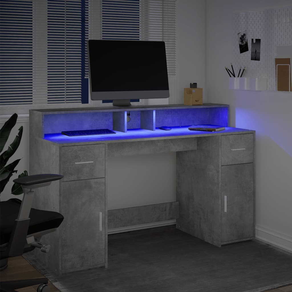 Scrivania con Luci LED Grigio Cemento 140x55x91 cm Multistrato - homemem39