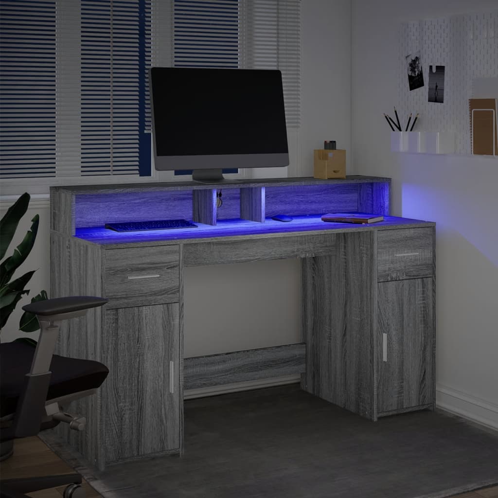 Scrivania con Luci LED Grigio Sonoma 140x55x91cm in Multistrato