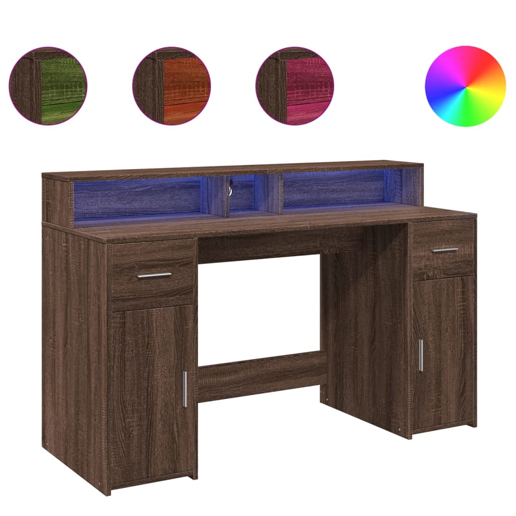 Scrivania con Luci LED Marrone Rovere 140x55x91 cm Multistrato