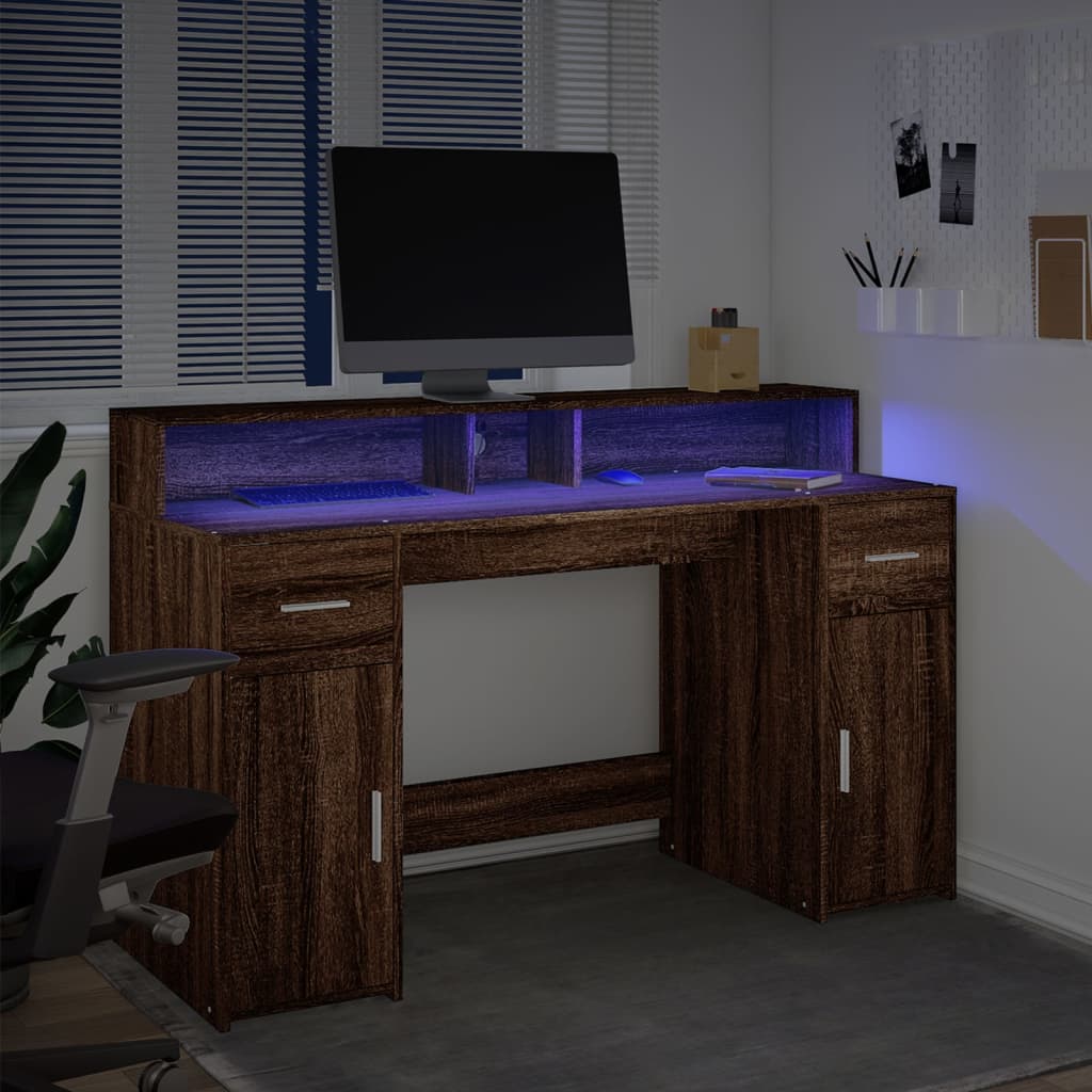 Scrivania con Luci LED Marrone Rovere 140x55x91 cm Multistrato | homemem39