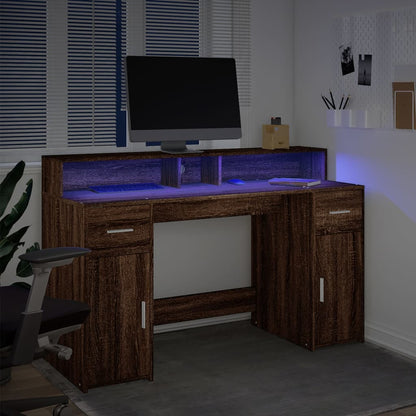 Scrivania con Luci LED Marrone Rovere 140x55x91 cm Multistrato | homemem39