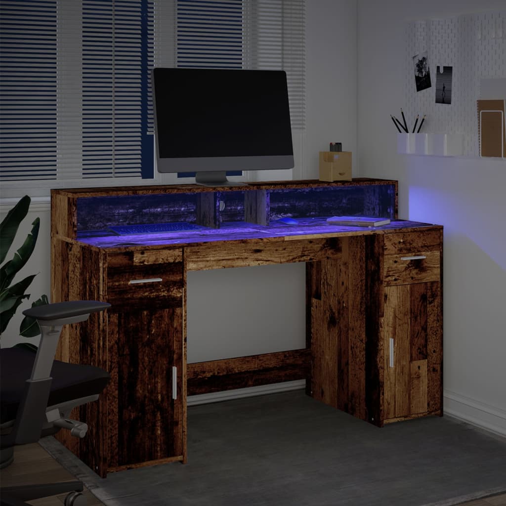 Scrivania con Luci LED Legno Antico 140x55x91 cm in Multistrato - homemem39
