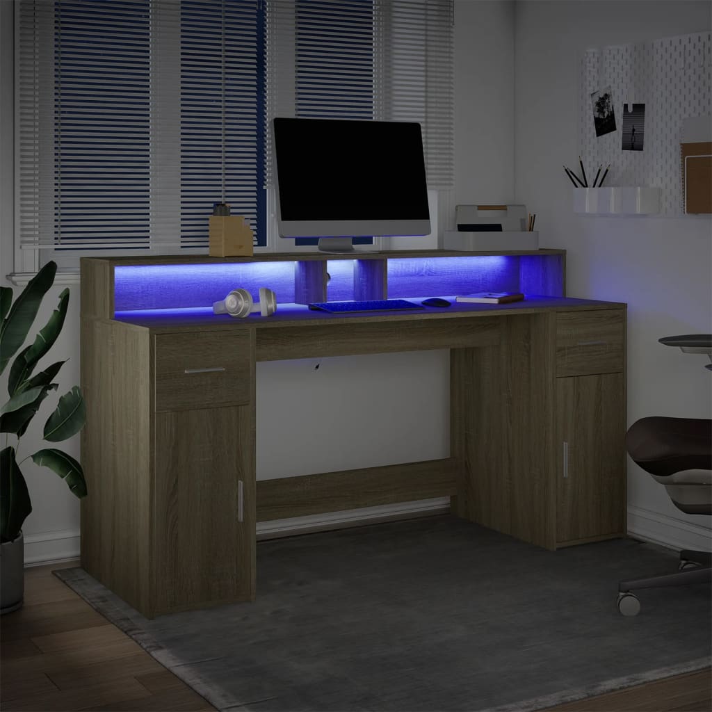 Scrivania con Luci LED Rovere Sonoma 160x55x91cm in Multistrato - homemem39