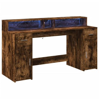 Scrivania con Luci LED Rovere Fumo 160x55x91 cm in Multistrato
