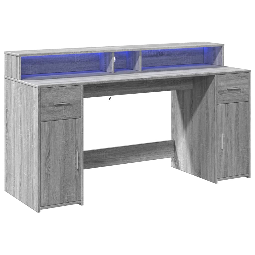 Scrivania con Luci LED Grigio Sonoma 160x55x91cm in Multistrato | homemem39