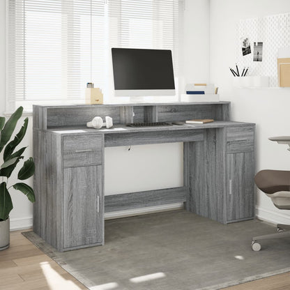 Scrivania con Luci LED Grigio Sonoma 160x55x91cm in Multistrato | homemem39