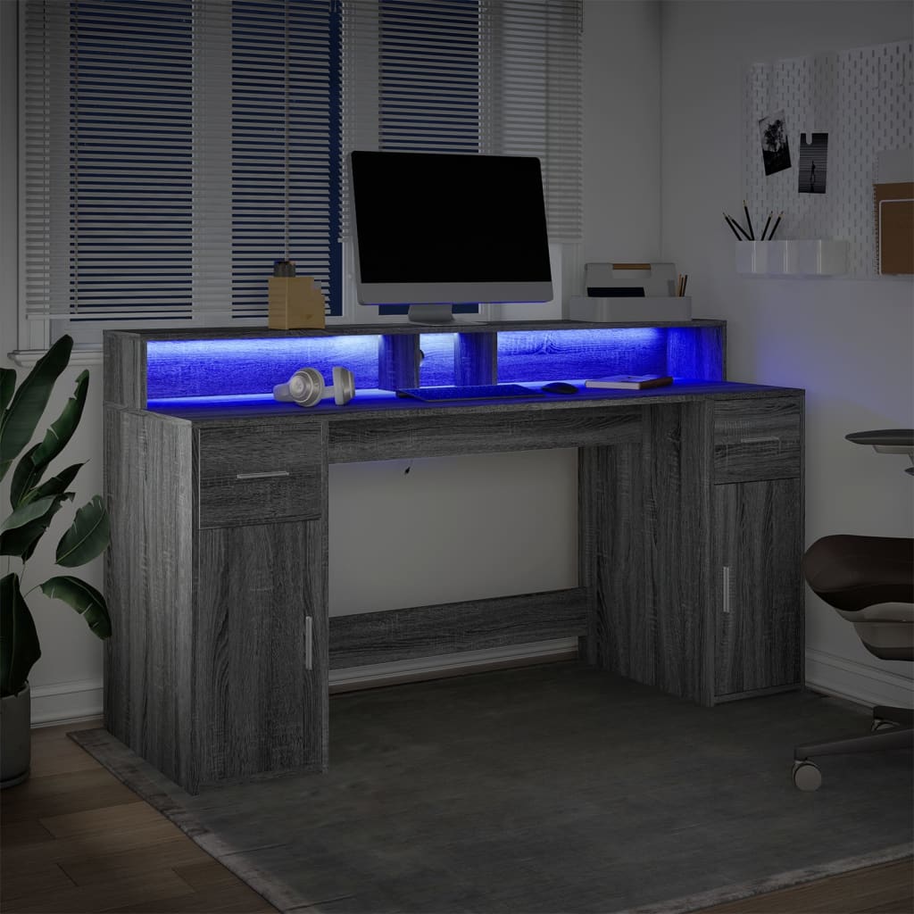 Scrivania con Luci LED Grigio Sonoma 160x55x91cm in Multistrato | homemem39