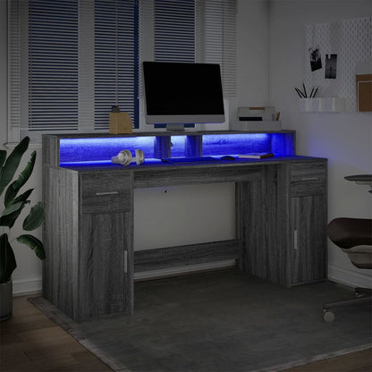 Scrivania con Luci LED Grigio Sonoma 160x55x91cm in Multistrato - homemem39