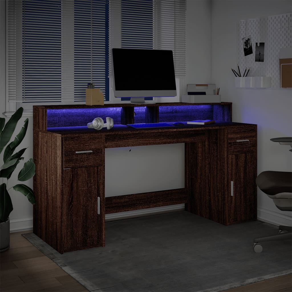 Scrivania con Luci LED Marrone Rovere 160x55x91 cm Multistrato - homemem39