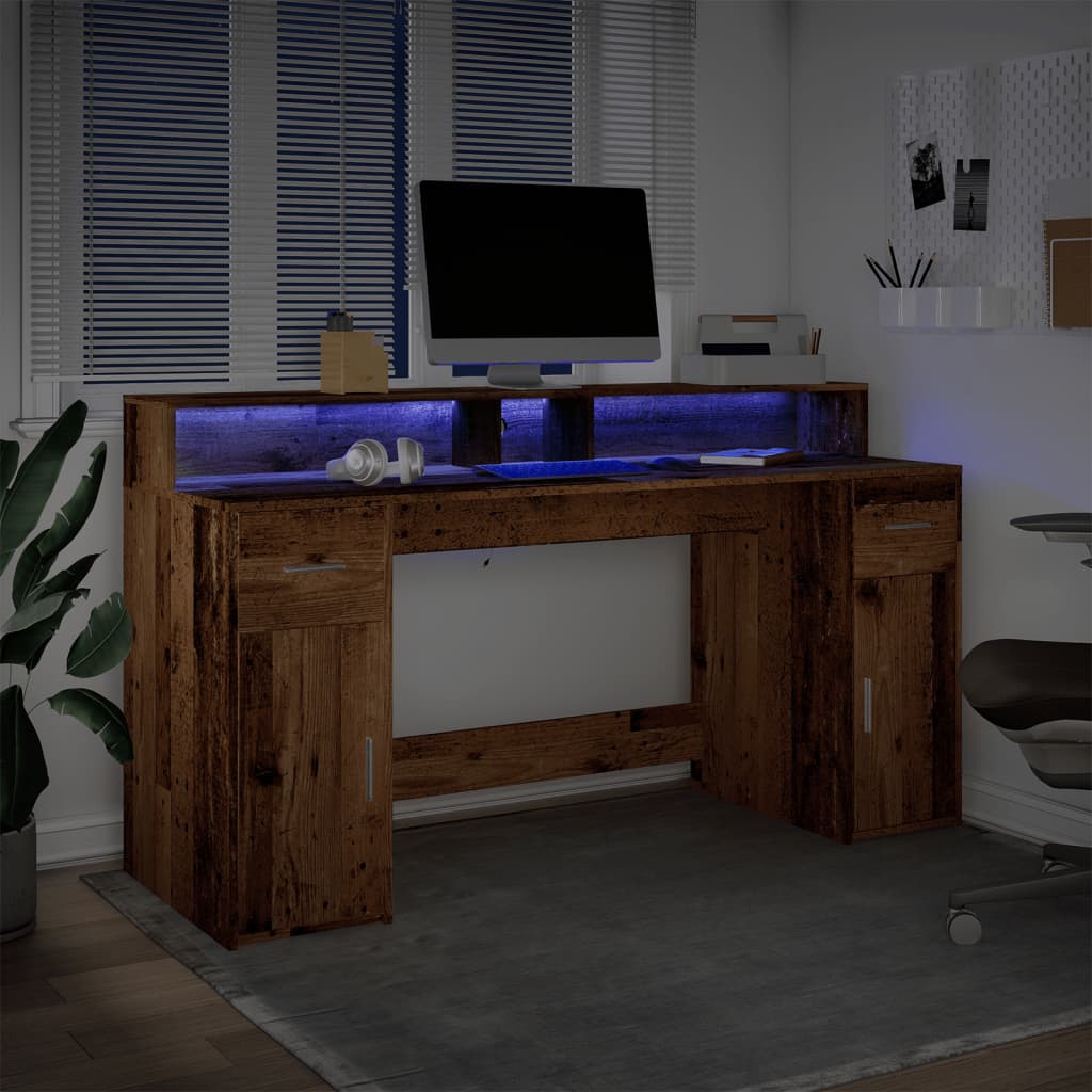 Scrivania con Luci LED Legno Antico 160x55x91 cm in Multistrato | homemem39