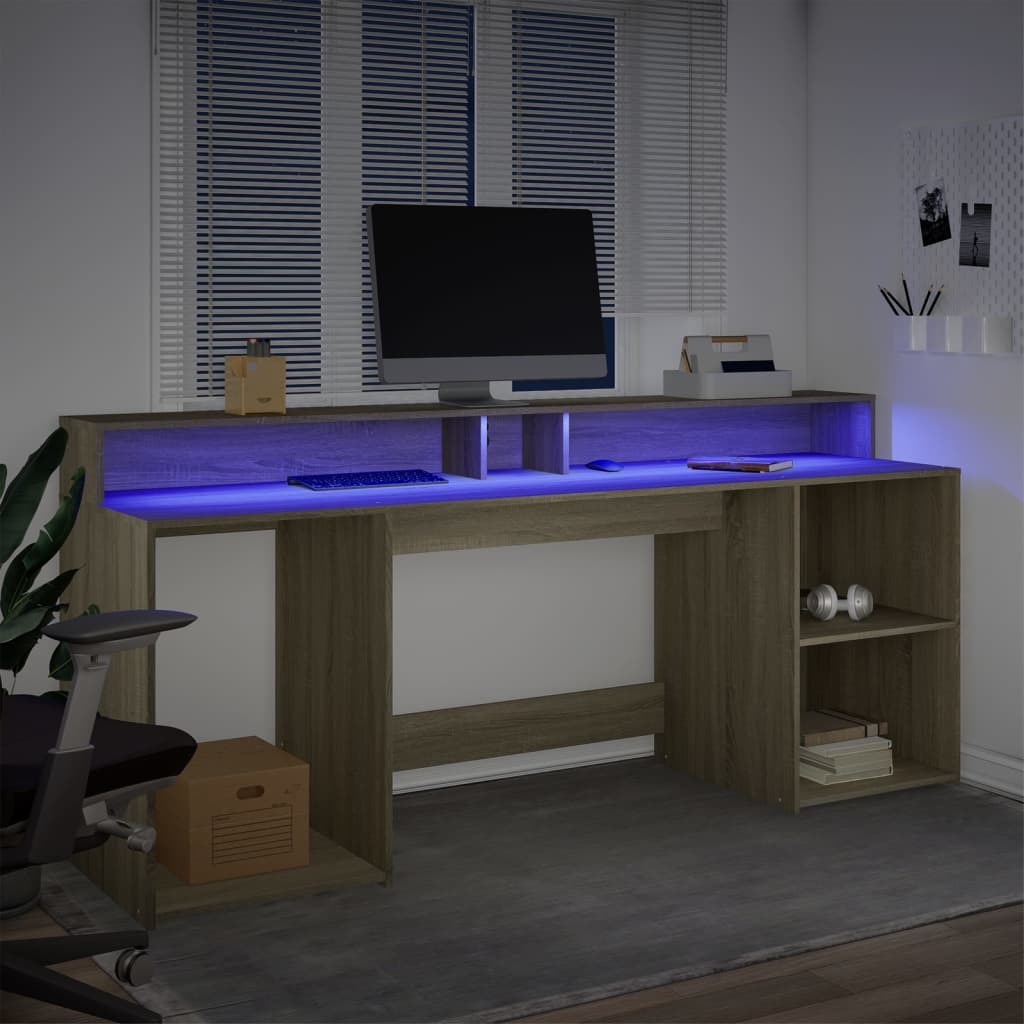 Scrivania con Luci LED Rovere Sonoma 200x55x91cm in Truciolato | homemem39