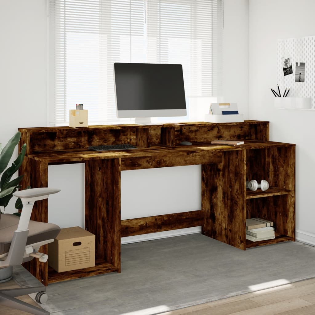 Scrivania con Luci LED Rovere Fumo 200x55x91 cm in Truciolato | homemem39