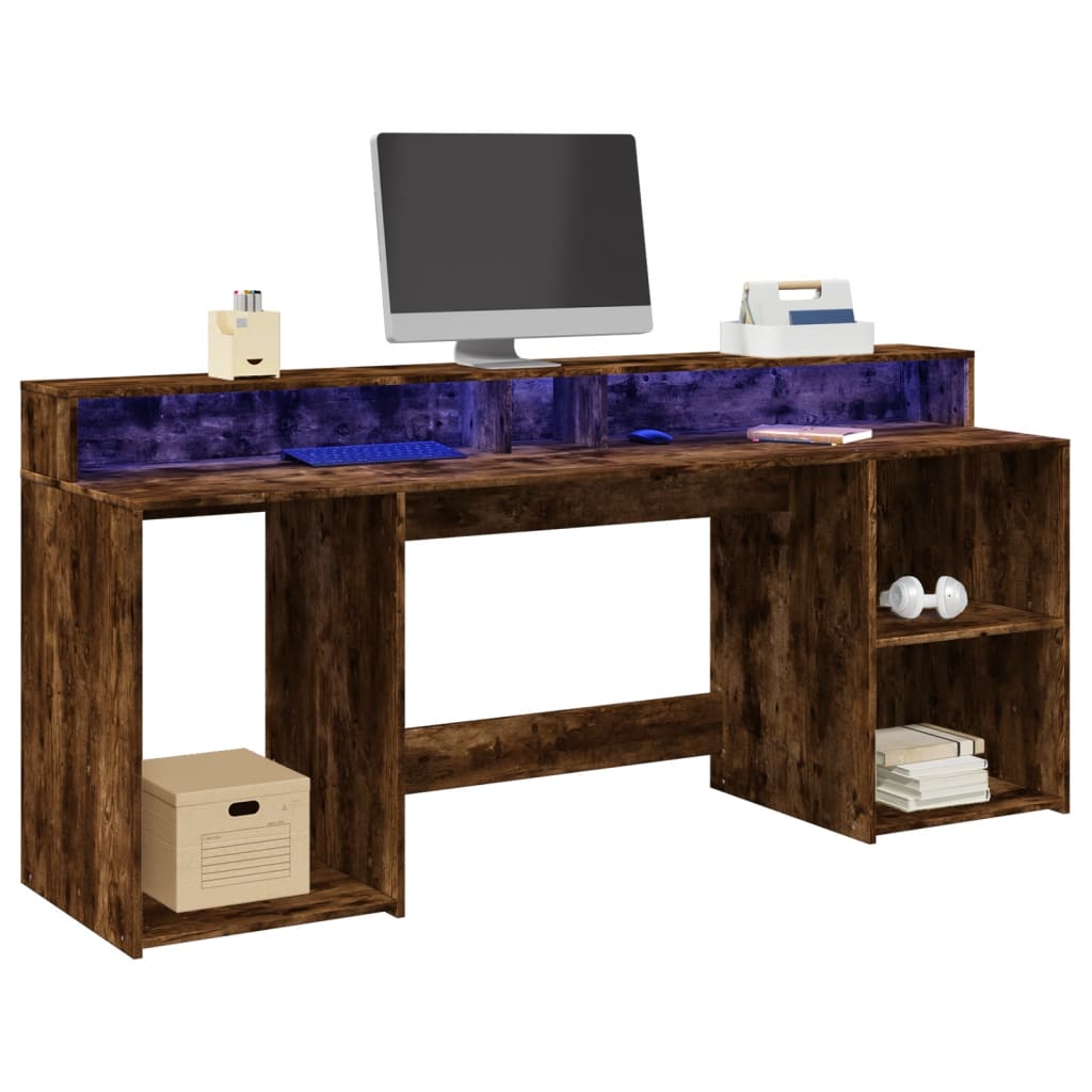Scrivania con Luci LED Rovere Fumo 200x55x91 cm in Truciolato | homemem39