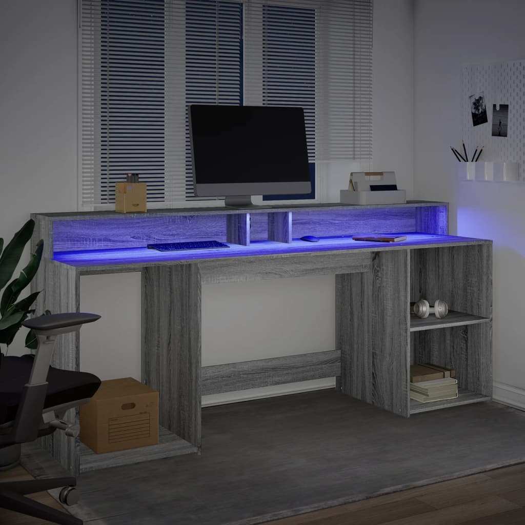 Scrivania con Luci LED Grigio Sonoma 200x55x91cm in Truciolato - homemem39